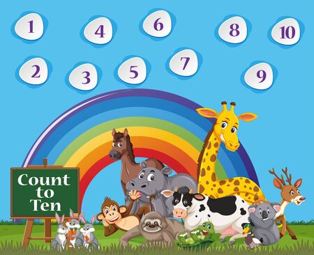 Number one to ten with blue sky and colorful rainbow background illustrationのイラスト素材