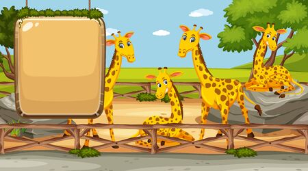 Zoo scene with blank sign and many giraffes illustrationのイラスト素材