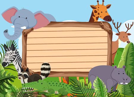 Wooden sign template with many animals in the park illustrationのイラスト素材
