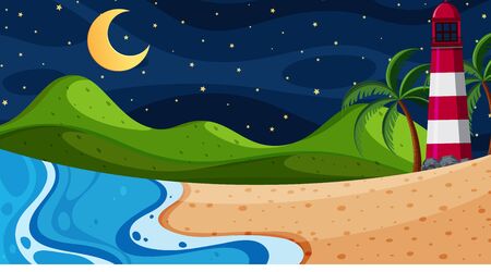 Nature scene with lighthouse on the beach illustrationのイラスト素材