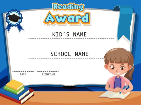 Certificate template for reading award with girl reading book in background illustrationのイラスト素材