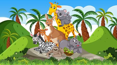Scene with many wild animals in the forest illustrationのイラスト素材