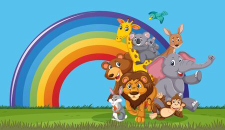 Scene with many wild animals in the field illustrationのイラスト素材