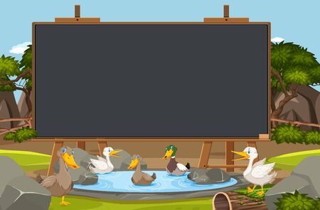 Wooden board template design with many ducks in the pond background illustrationのイラスト素材