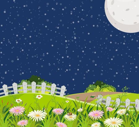 Scene with green hills full of flowers at night time illustrationのイラスト素材