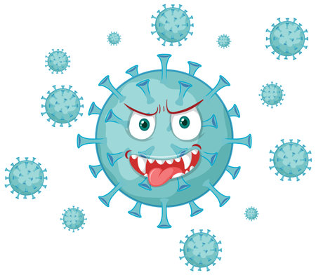 Coronavirus cell with scary face on the big cell illustrationのイラスト素材