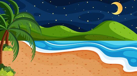 Nature scene with ocean at night illustrationのイラスト素材