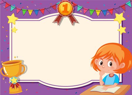 Banner template with happy girl sitting at the table illustrationのイラスト素材