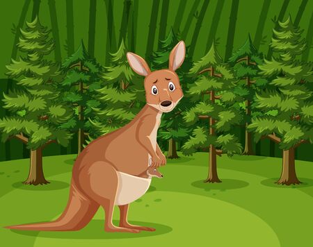 Scene with sad kangaroo in the big forest illustrationのイラスト素材