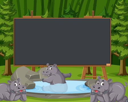Blackboard template design with hippo in the pond background illustrationのイラスト素材