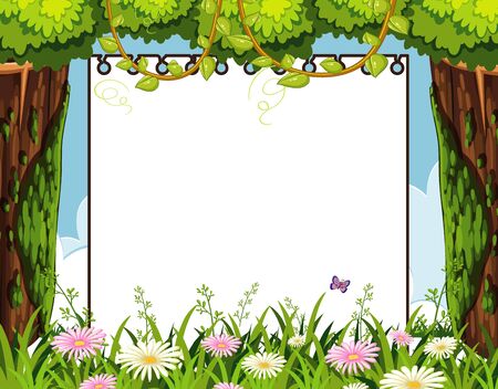 Background template design with trees and flowers in the forest illustrationのイラスト素材
