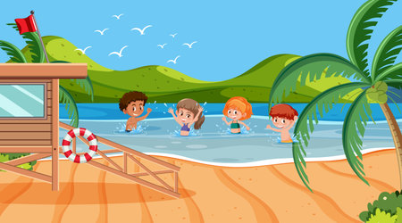 Background scene with kids swimming in the sea illustrationのイラスト素材