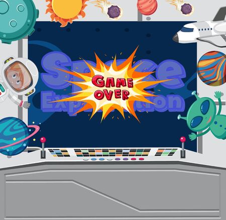 Game screen template for space game with aliens and astronaut in control room illustrationのイラスト素材