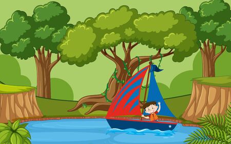 Background scene with little boy sailing boat in forest illustrationのイラスト素材
