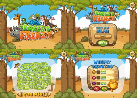 Game template design with four different forest backgrounds illustrationのイラスト素材