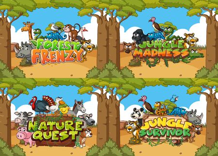 Four sign templates with animals in the field illustrationのイラスト素材