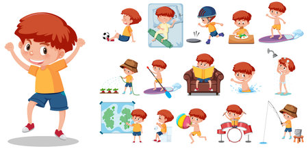 Large set of boy doing different activities on white background illustrationのイラスト素材