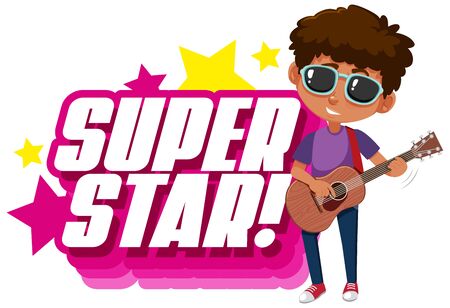 Font design for word superstar with boy playing guitar illustrationのイラスト素材