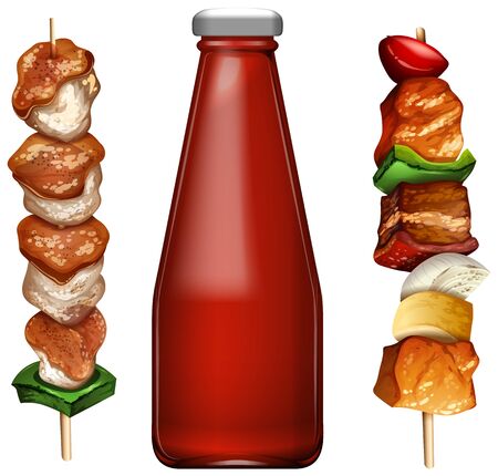 Barbecue on sticks and tomato sauce in bottle illustrationのイラスト素材