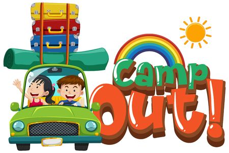 Font design for word camp out with kids driving car illustrationのイラスト素材