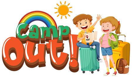 Font design template for word camp out with tourists and luggage illustrationのイラスト素材