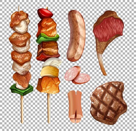 Set of grilled food on transparent background illustrationのイラスト素材