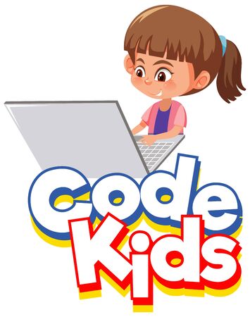Font design for word code kids with girl working on computer illustrationのイラスト素材