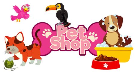 Font design for pet shop with many cute animals illustrationのイラスト素材