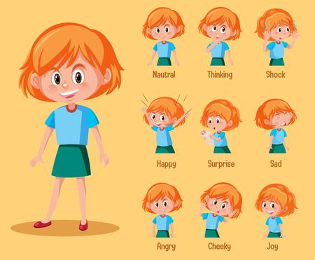 Set of cute girl with different expressions on her face illustrationのイラスト素材