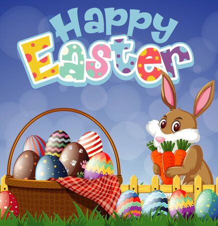 Happy Easter font design with easter bunny and eggs illustrationのイラスト素材