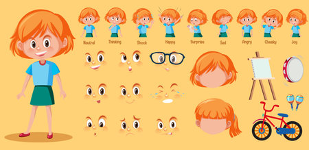 Set of cute girl with different expressions on her face illustrationのイラスト素材