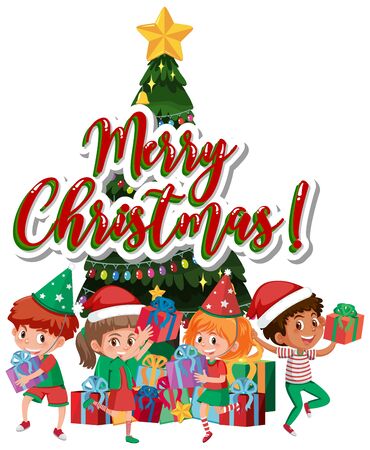Font design template for merry christmas with many kids and presents illustrationのイラスト素材