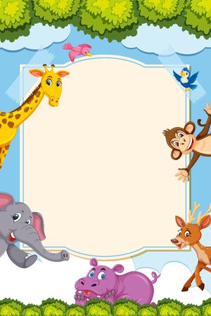 Border template design with many wild animals in background illustrationのイラスト素材