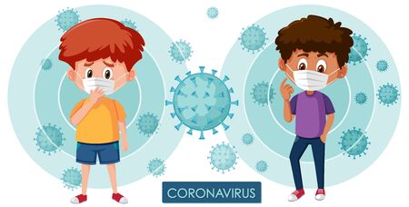 Coronavirus poster design with virus cells and sick boy illustrationのイラスト素材