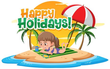 Phrase design for happy holidays with girl on the beach illustrationのイラスト素材