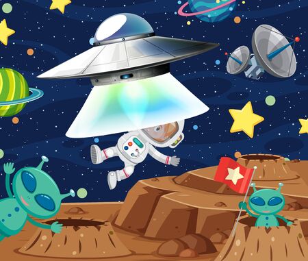 Background scene with astronaut and aliens in space illustrationのイラスト素材