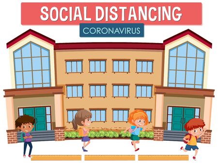 Coronavirus poster design with word social distancing at school illustrationのイラスト素材