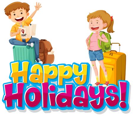 Font design template for word happy holidays with people and bags illustrationのイラスト素材