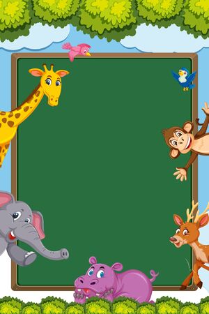 Border template design with many wild animals in background illustrationのイラスト素材