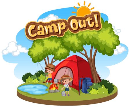 Font design for camp out with tent in the park illustrationのイラスト素材