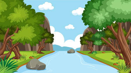 Background scene with many trees in the park illustrationのイラスト素材