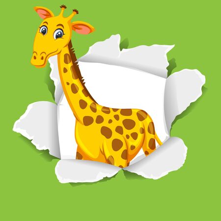 Background template design with wild giraffe on green paper illustrationのイラスト素材