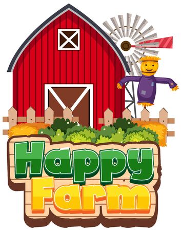 Font design for happy farm with scarecrow and barn illustrationのイラスト素材