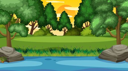 Background scene with many trees in the park illustrationのイラスト素材