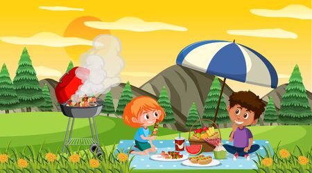 Scene with happy kids eating in the park at sunset illustrationのイラスト素材
