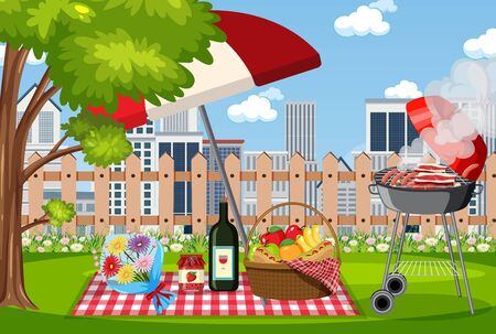 Scene with BBQ grill and food in the basket  illustrationのイラスト素材