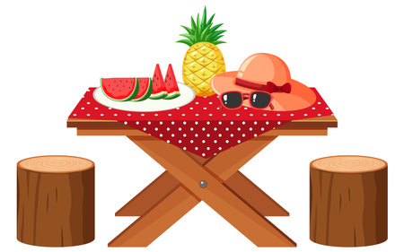 Picnic table with fresh fruits and hat on white background illustrationのイラスト素材