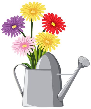 Colorful flowers in watering can on white background illustrationのイラスト素材