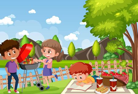 Background scene with kids eating in the park illustrationのイラスト素材