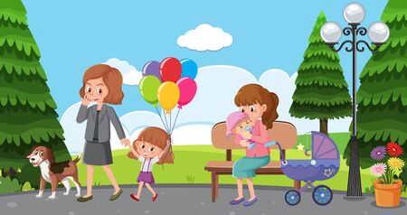 Scene with mothers and children relaxing in the park illustrationのイラスト素材